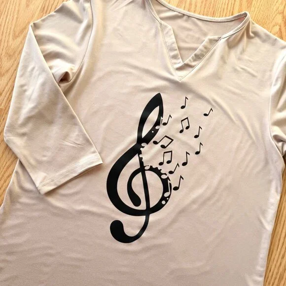 Treble Clef Music Note Top Size S Beige Graphic Shirt 3/4 Length Sleeve Tee - Picture 6 of 8